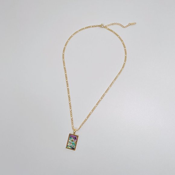 Abalone Paua Rectangle Pendant Figaro Chain 18K Real Gold Plated Necklace - Picture 6 of 11